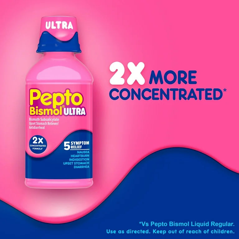 Pepto Bismol Ultra Bismuth Subsalicylate Upset Stomach Reliever/Anti-Diarrheal Liquid | Coats Stomach & Provides Fast Relief from Nausea, Heartburn, Indigestion, Upset Stomach & Diarrhea | Original Flavor ~12oz/354ml; Exp 07/2026