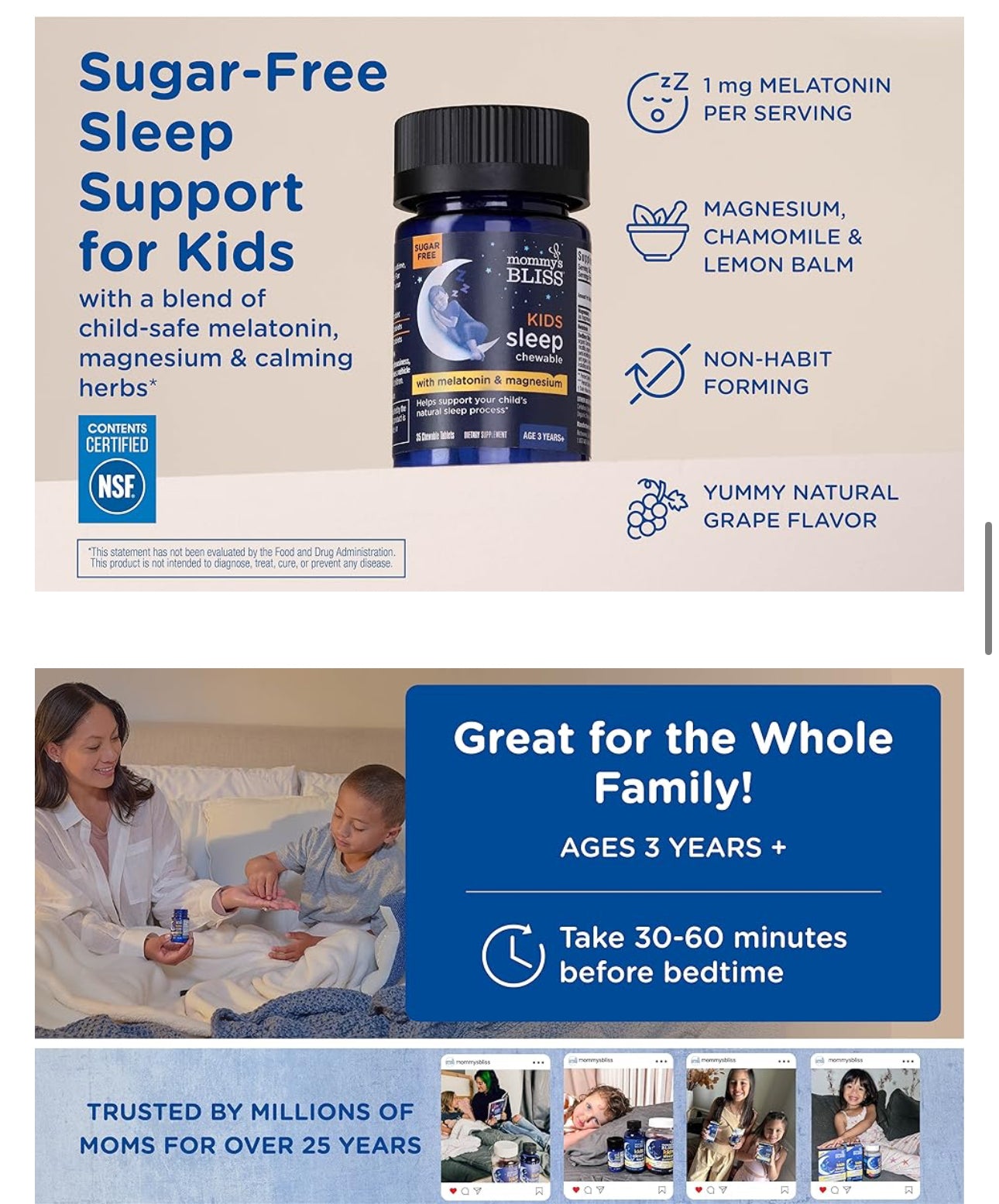 Mommy's Bliss Kids Sleep Chewable | For Kids Age 3 & Above |  35 Servings | Contains Melatonin, Magnesium & Calming Herbs | Sugar Free | Grape Flavor ~ 35 Chewable Tablets; Exp 01/2026