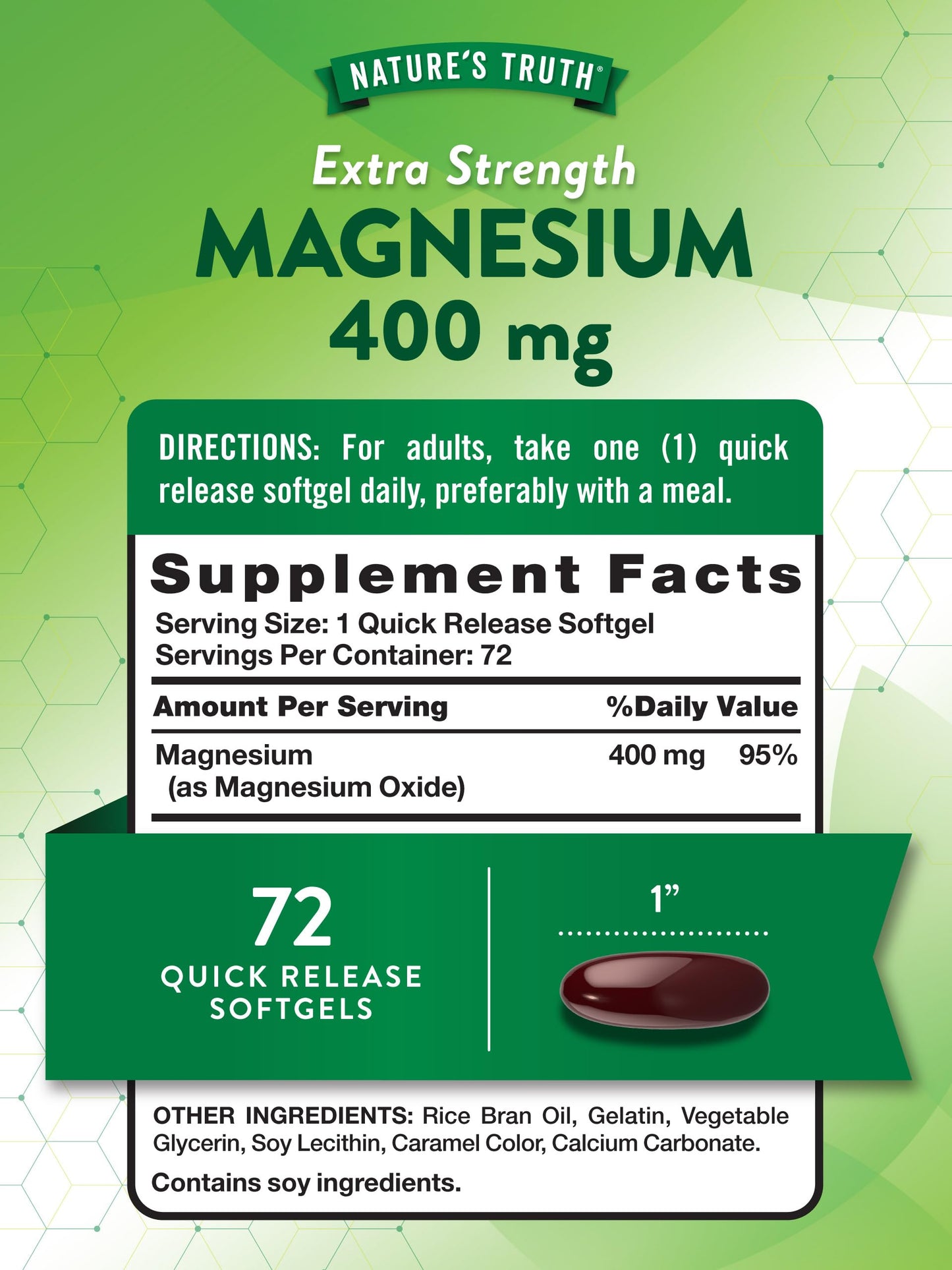 Nature's Truth Magnesium 400mg | Extra Strength - 400mg per Capsule | 72 Quick Release Softgels; Exp 04/2027