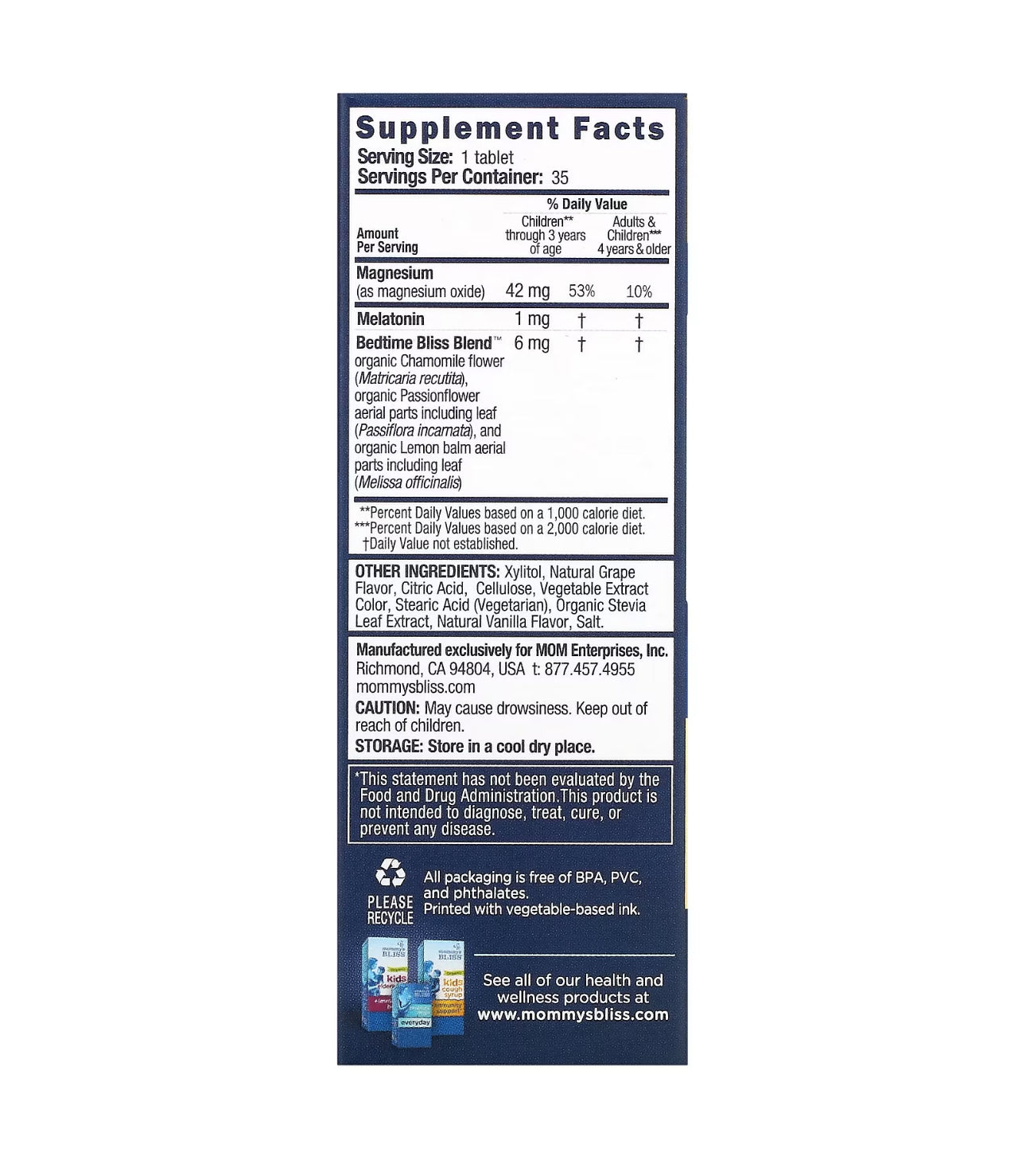 Mommy's Bliss Kids Sleep Chewable | For Kids Age 3 & Above |  35 Servings | Contains Melatonin, Magnesium & Calming Herbs | Sugar Free | Grape Flavor ~ 35 Chewable Tablets; Exp 01/2026