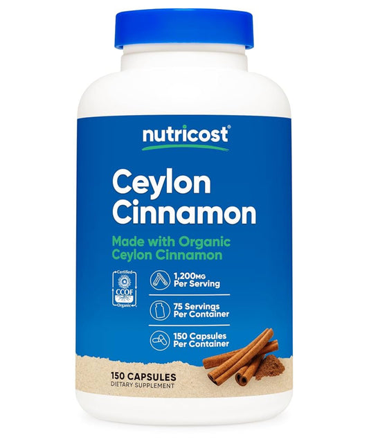 Nutricost Organic Ceylon Cinnamon (1200 MG) | Supports Healthy Glucose (Sugar) Metabolism | 150 Capsules; Exp 09/2027
