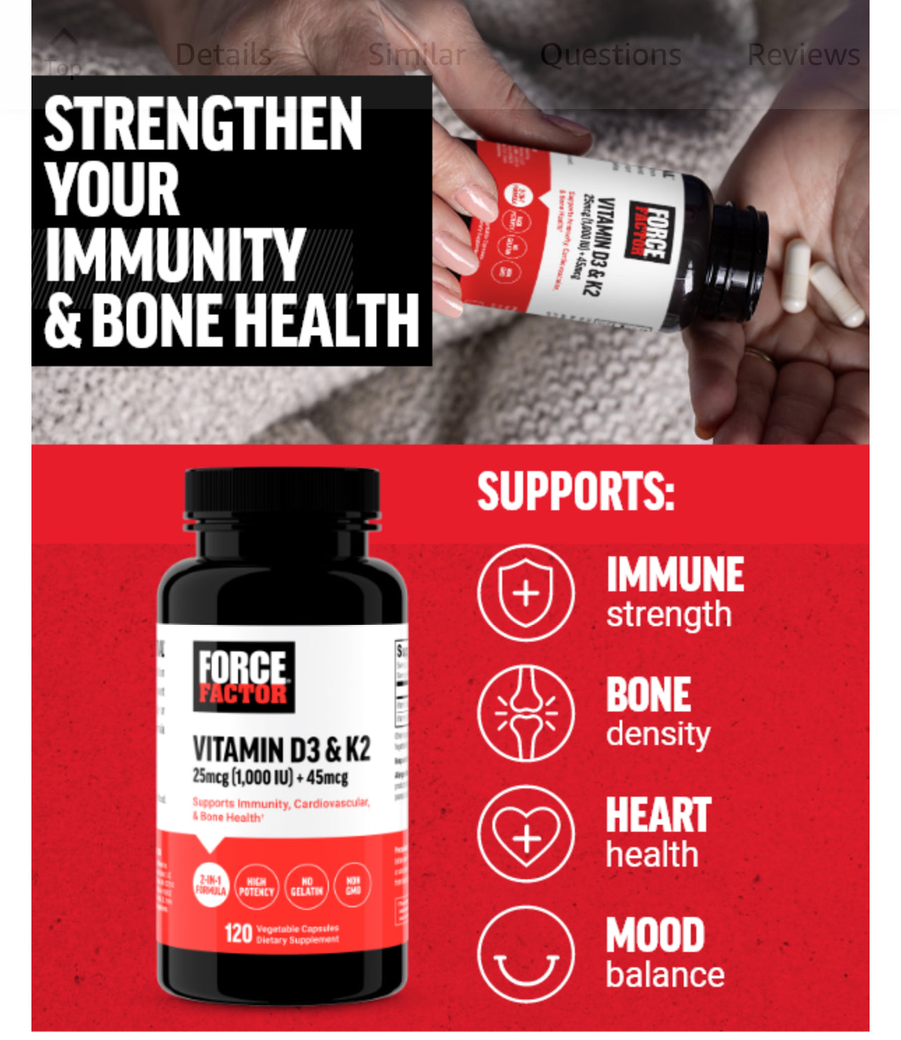 FORCE FACTOR Vitamin D3 25mcg (1000iu) & K2 45mcg (mk-4) | Enhances Immunity and Cardiovascular Function | Helps Maintain Strong and Healthy Bones | 120 Capsules; Exp 11/2027 ROUGH PACK - See last picture