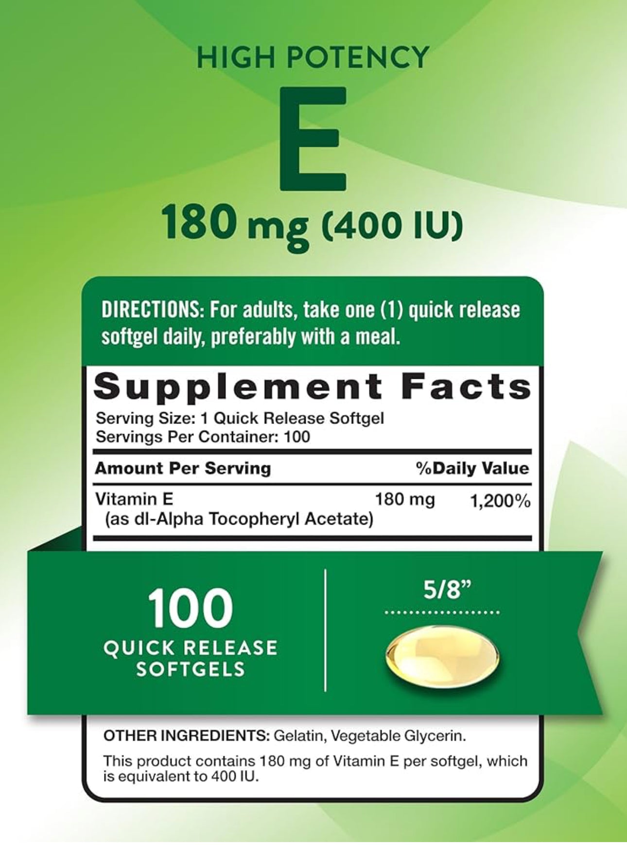 Nature's Truth Vitamin E 180mg (400 IU) | dl-Alpha Tocopheryl Acetate | Antioxidant Support | 100 Softgels; Exp 05/2028