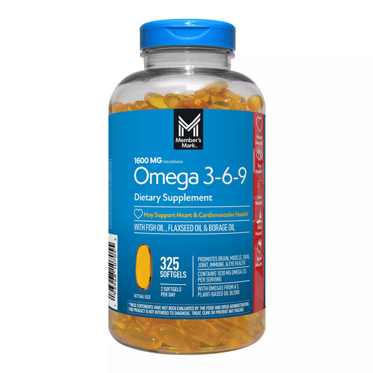 Memberโs Mark Omega 3-6-9 1600mg | with Fish Oil, Borage and Flaxseed Oils | Supports Heart, Brain, Muscle, Skin, Joint, Immune & Health | For Proper Nervous System Function | 325 Softgels; Exp 11/2026