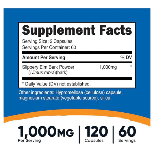 Nutricost Slippery Elm Bark 1000mg | 500mg per Capsule | Helps Coat and Sooth Irritated Mucosa of the Gastrointestinal Tract | Helpful in GERD, Stomach Ulcers & Gastric Erosions | 120 Capsules; Exp 07/2028