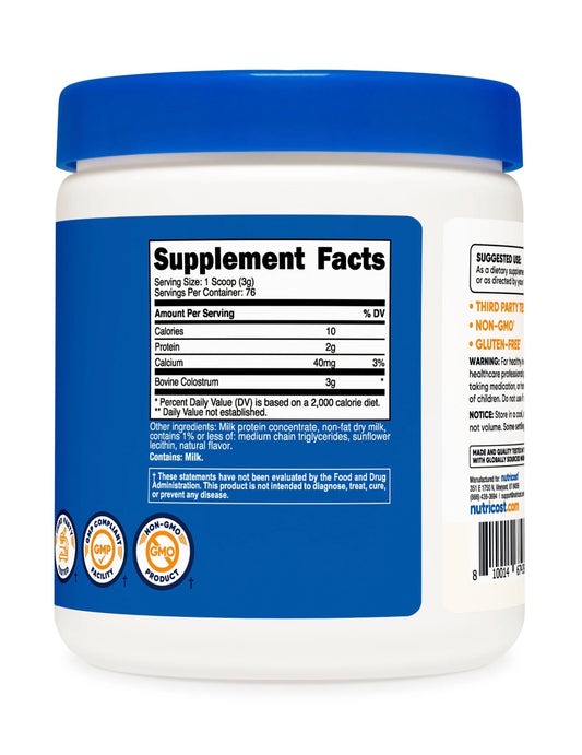 Nutricost Colostrum Powder 8oz | 76 Servings | Lactoferrin & Minimum 30% Immunoglobulins (IgG) | Bovine Colostrum Similar to Miracle Moo | Unflavored, 227g; Exp 01/2028