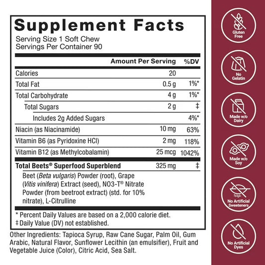Force Factor Total Beets Soft Chews with Beetroot, Nitrates, L-Citrulline, Grapeseed Extract, & Antioxidants | Supports Heart Health Energy, Metabolism | Superfood | Açai Berry Flavor ~ 90 Soft Chews; Exp 03/2028
