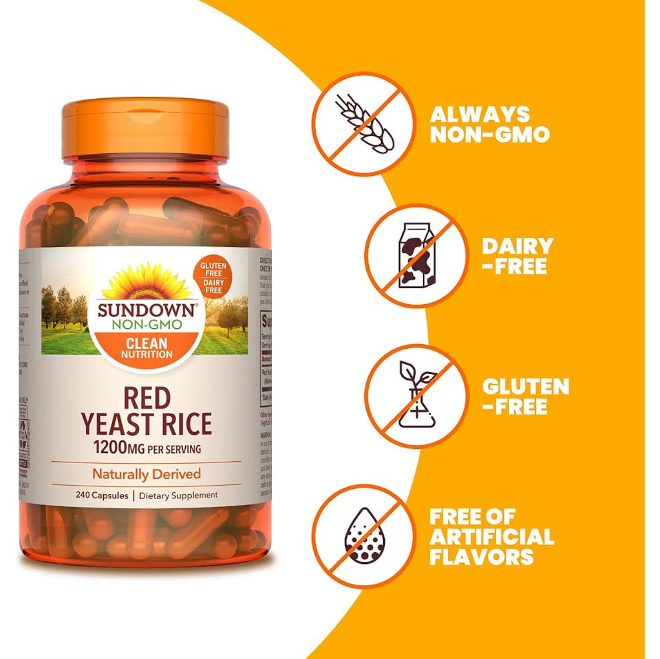 Sundown Red Yeast Rice 1200mg | 120 Day Supply | Naturally Derived | 240 Capsules; Exp 10/2026