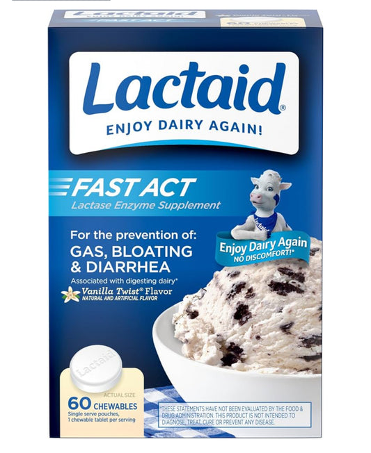 Lactaid Fast Act Lactase Enzymes | For The Prevention of Gas, Bloating, & Diarrhea Associated with Digesting Dairy | Vanilla Flavor ~ 60 Chewable Tablets; Exp 10/2027