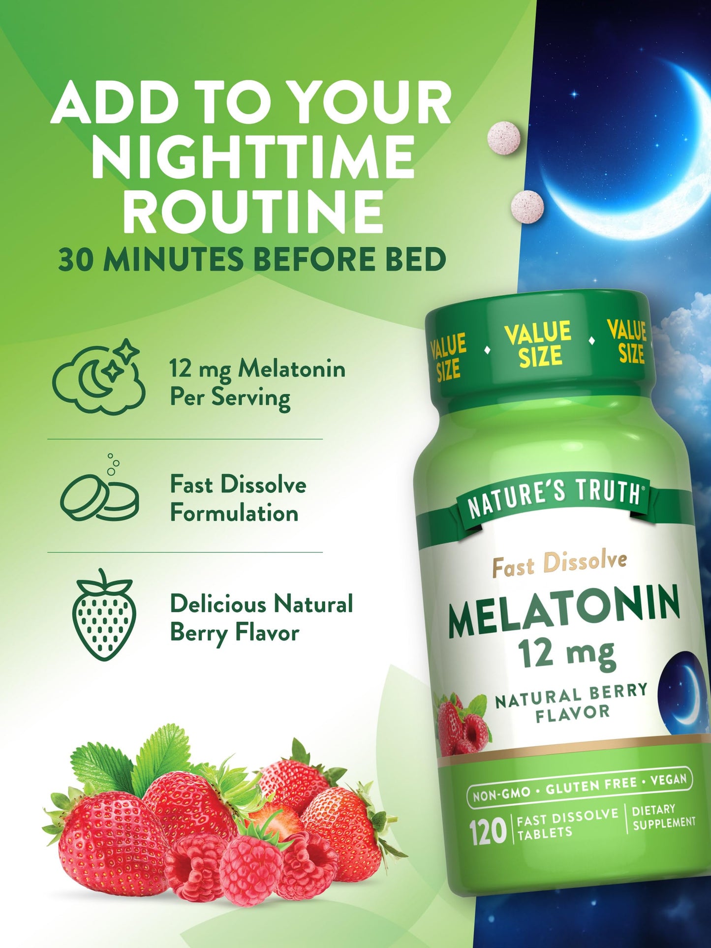 Nature's Truth Melatonin 12mg | Chewable Sleep Aid | Natural Berry Flavor | 120 Fast Dissolve Tablets; Exp 02/2027