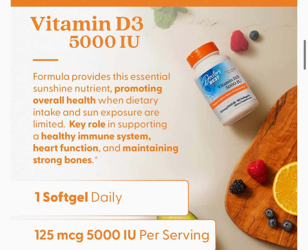 Doctor's Best Vitamin D3 5000iu (125 mcg) | for Healthy Bones, Teeth, Heart and Immune Support | 180 Softgels; ❗️Exp UNCLEAR 05/2027 batch(See last picture)