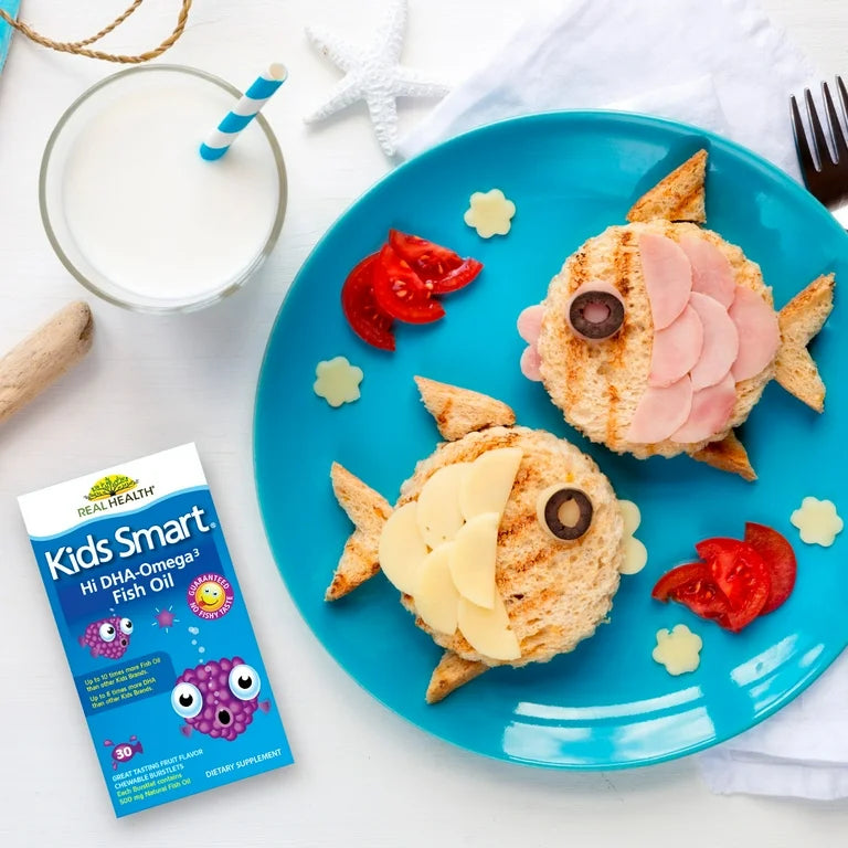 Real Health Kids Smart Hi DHA Omega-3 Fish Oil 500mg | 133mg DHA, 38mg EPA | For Proper Brain & Eye Development in Children | Fruit Flavor, 30 Chewable Burstlets; Exp 03/2028