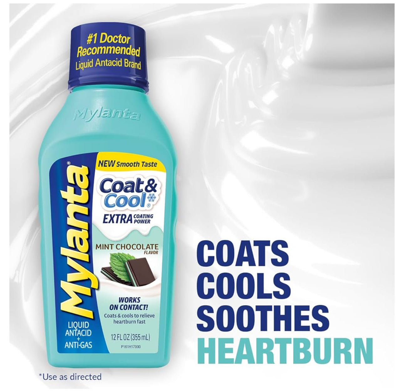 Mylanta Heartburn and Gas Relief, Liquid Antacid, Coat & Cool Formula | Relieves Heartburn, Acid indigestion, Sour stomach & Gas | Chocolate Mint Flavor ~ 355ml; Exp 08/2025