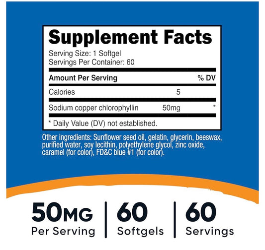 Nutricost Chlorophyll 50mg | Sodium Copper Chlorophyllin | Helps Reduce Body Odor | Promotes Detoxification | Antioxidant Support | 60 Softgels; Exp 10/2028
