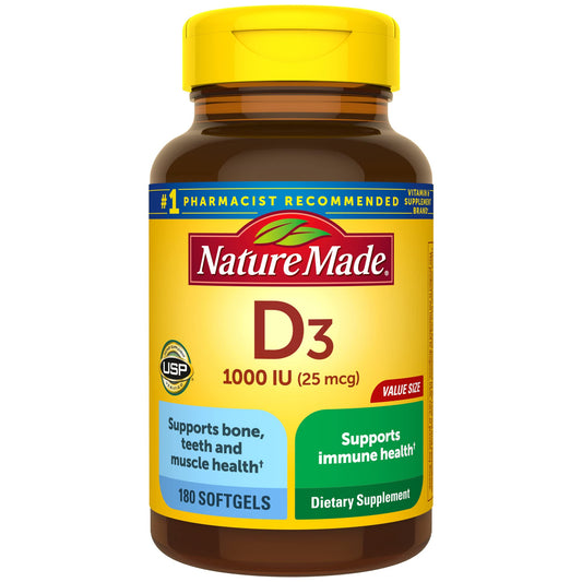 Nature Made Vitamin D3 1000 IU (25 mcg) | Supports Bone, Teeth, Muscle, Hormone and Immune Health | 180 Day Supply | 180 Softgels; Exp 01/2027