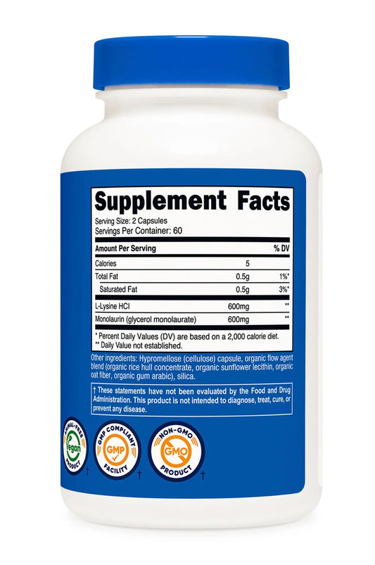 Nutricost L-Lysine + Monolaurin 600mg | 1:1 Ratio | 120 Capsules; Exp 10/2028