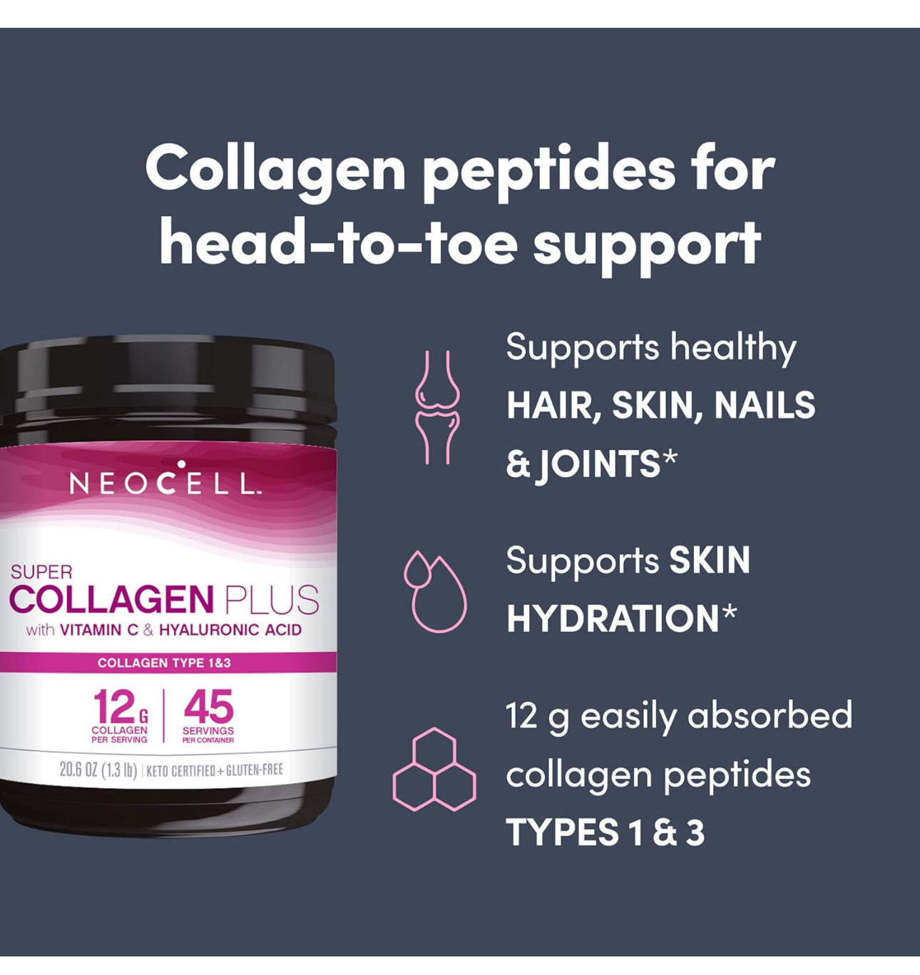 Neocell Super Collagen Plus Vitamin C & Hyaluronic Acid Powder | Biggest Size (3x Small Size) | Supports Healthy Skin, Hair, Nails & Joints | 585g /20.6oz; Exp 08/2026