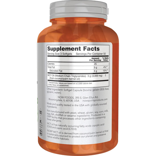 NOW MCT Oil 1000mg (Medium Chain Triglycerides) | Fat Burning | Weight Loss | Keto Friendly | 150 Softgels; Exp 06/2029