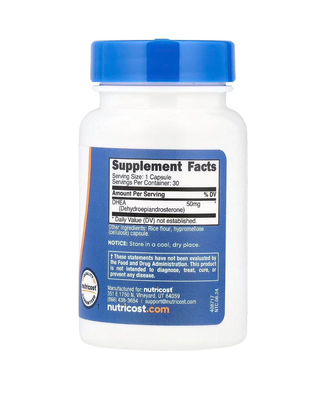 Nutricost DHEA (dehydroepiandrosterone) 50mg Extra Strength  | Hormone Balance | 30 Capsules; Exp 08/2027