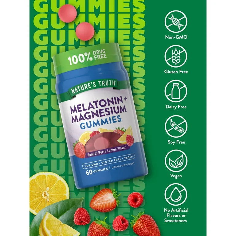 Nature's Truth Melatonin (10mg) with Magnesium (200mg) Gummies | Berry Lemon Flavor, 60 Gummies; Exp 05/2026