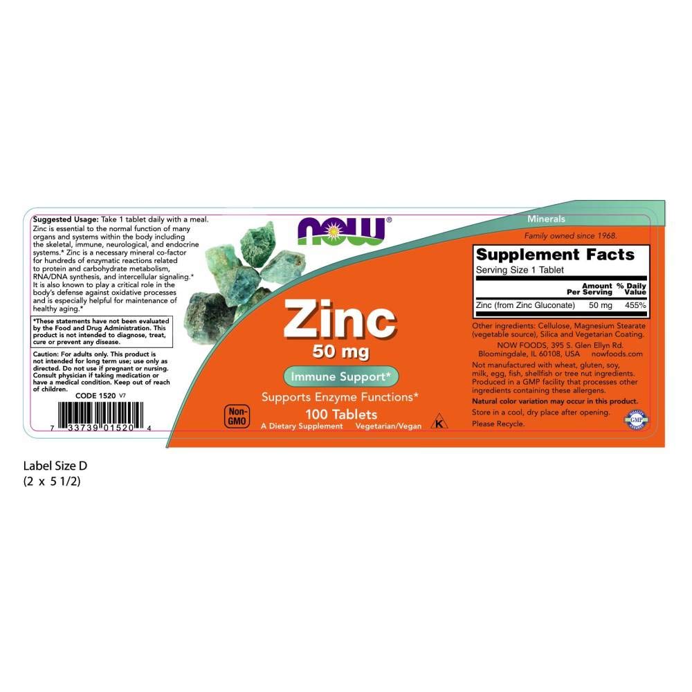 Now Zinc 50mg (Zinc Gluconate) | Powerful Antioxidant & Immune Support | Promotes Healthy Skin | 100 Tablets; Exp 10/2029