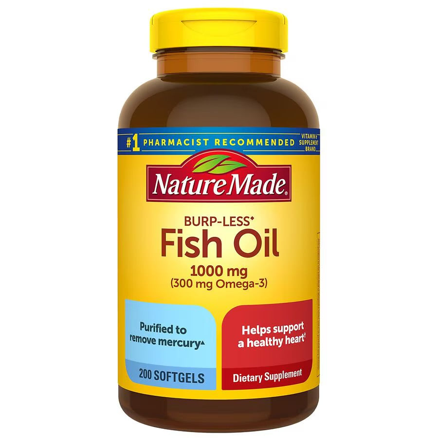Nature Made Burp-Less Fish Oil 1000 mg | 1000mg per Softgel | Omega 3 Fish Oil for Healthy Heart Support | 100 - 200 Day Supply | 200 Softgels; 06/2026