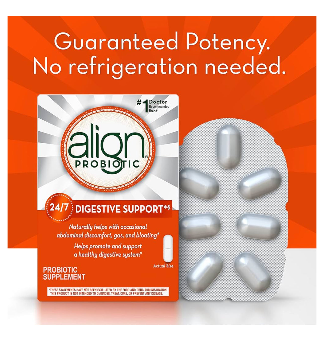 Align 24/7 Digestive Support Probiotic | Naturally Helps with Occasional Abdominal Discomfort, Gas & Bloating | Promote Healthy Digestive System | For Women & Men | 14 Capsules; Exp 11/2025