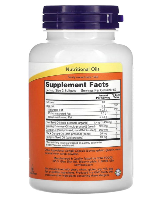 Now Omega 3-6-9 1000mg | Blend of FlaxSeed‚ Evening Primrose‚ Canola‚ Black Currant & Pumpkin Seed Oils | For Healthy Skin & Immune Support | 100 Softgels; Exp 11/2028
