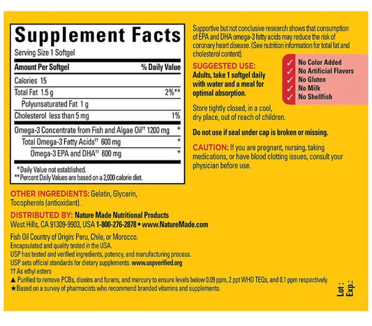 Nature Made Omega-3 Algae & Fish Oil 1200mg, 60 Softgels; Exp 03/2027