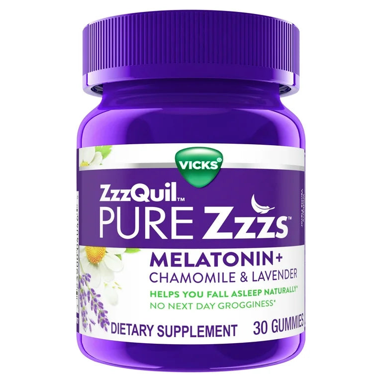 Vicks ZzzQuil Pure Zzzs Melatonin Gummies | Proprietary Botanical Blend of Lavender, Chamomile, Valerian Root & Lemon Balm to Promote Relaxation & Sleep | 100% Drug-Free Sleep Support | 30 Gummies; Exp 07/2026