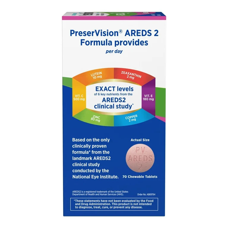 PreserVision AREDS 2 (by Bausch + Lomb - Eye Vitamin & Mineral Supplement | Contains Lutein, Vitamin C, Zeaxanthin, Zinc, Copper & Vitamin E | 70 Chewable Tablets; Exp 01/2026