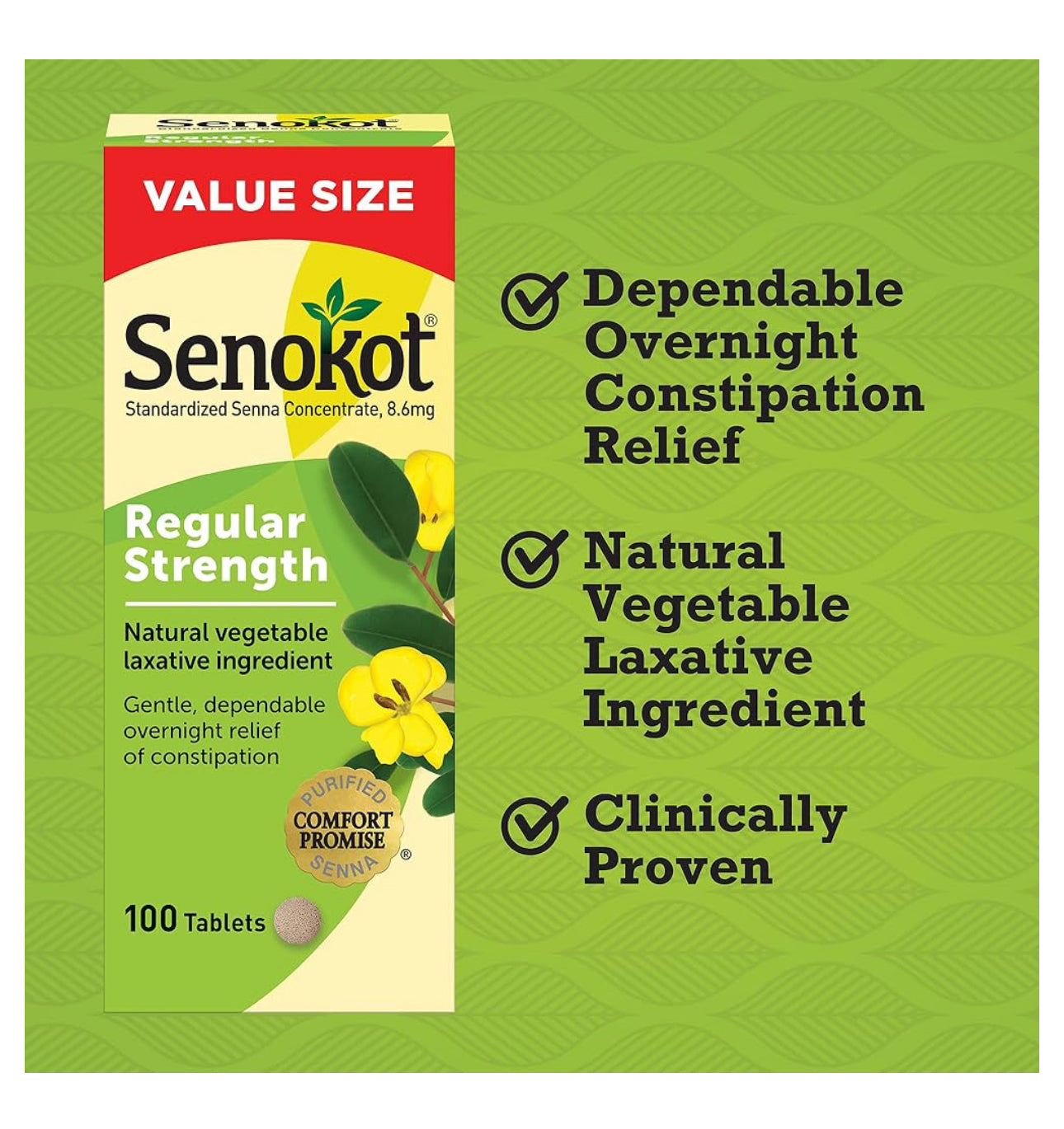 Senokot Regular Strength Constipation Relief | Senna Plant, A Natural Vegetable Laxative Ingredient | Senna Concentrate 8.6mg | 100 Tablets; Exp 11/2026