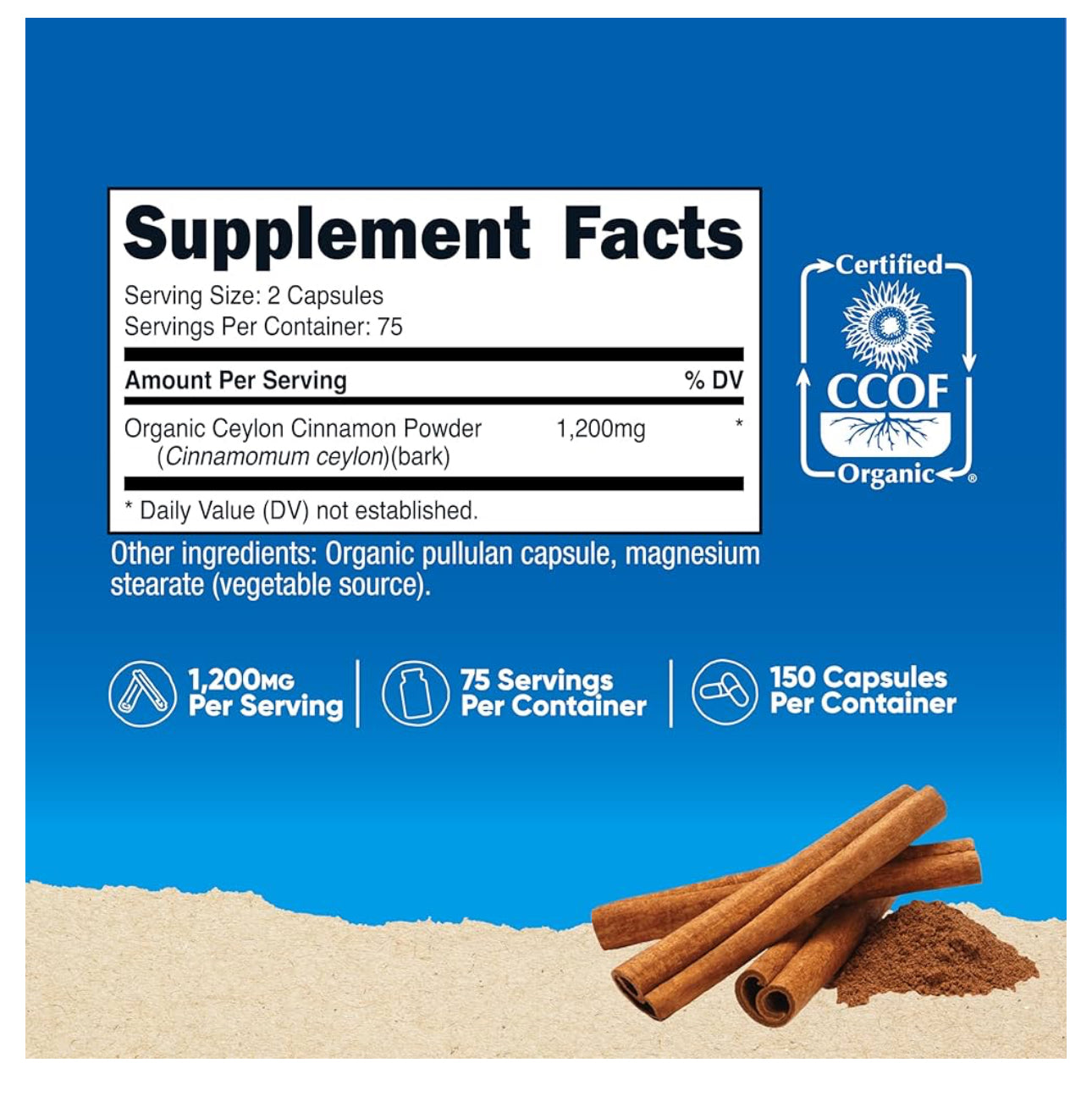 Nutricost Organic Ceylon Cinnamon (1200 MG) | Supports Healthy Glucose (Sugar) Metabolism | 150 Capsules; Exp 09/2027