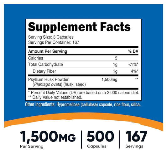 Nutricost Psyllium Husk Capsules 1500mg | 500mg per Capsule | Promotes Digestive Health | Promotes Bowel Regularity | 500 Capsules; Exp 09/2028