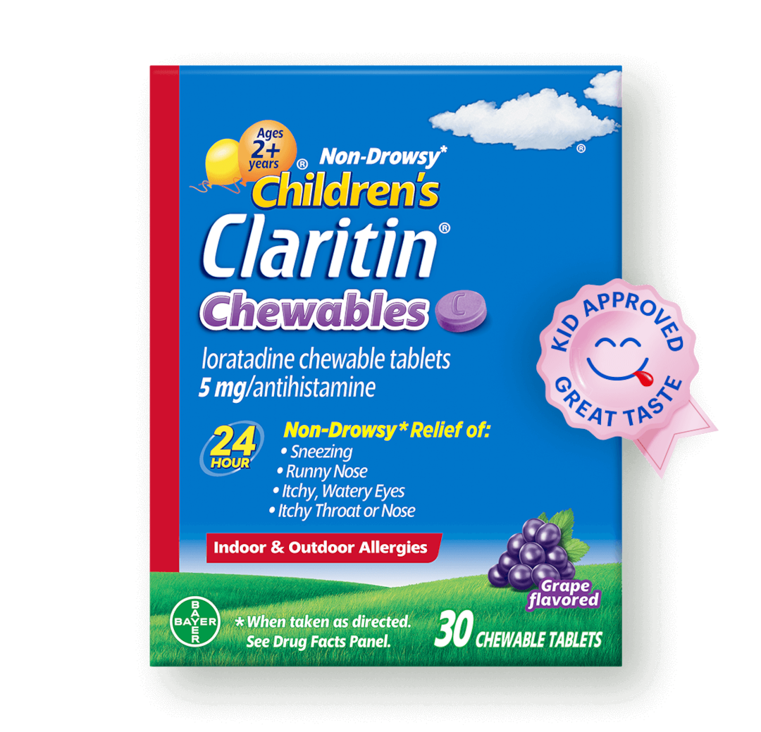 Claritin Children's Chewables 24-Hour Allergy Relief, Loratadine 5mg Antihistamine | For Kids ages 2 and older | Provides Non-Drowsy Relief | Grape Flavored 30 Chewable Tablets Exp 10/2025