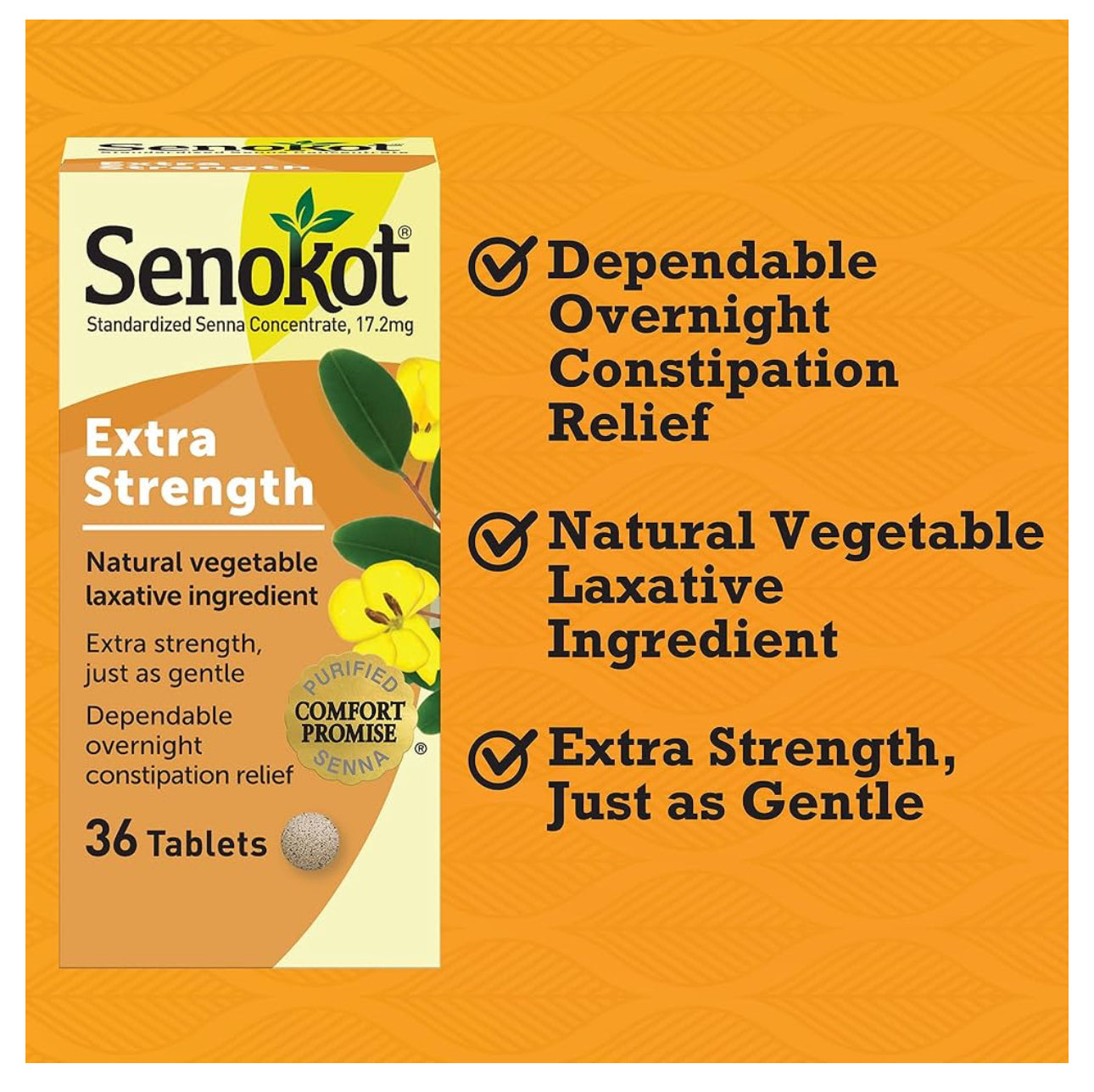 Senokot Extra Strength Constipation Relief | Senna Plant, A Natural Vegetable Laxative Ingredient | Senna Concentrate 17.2mg | 36 Tablets; Exp 04/2027