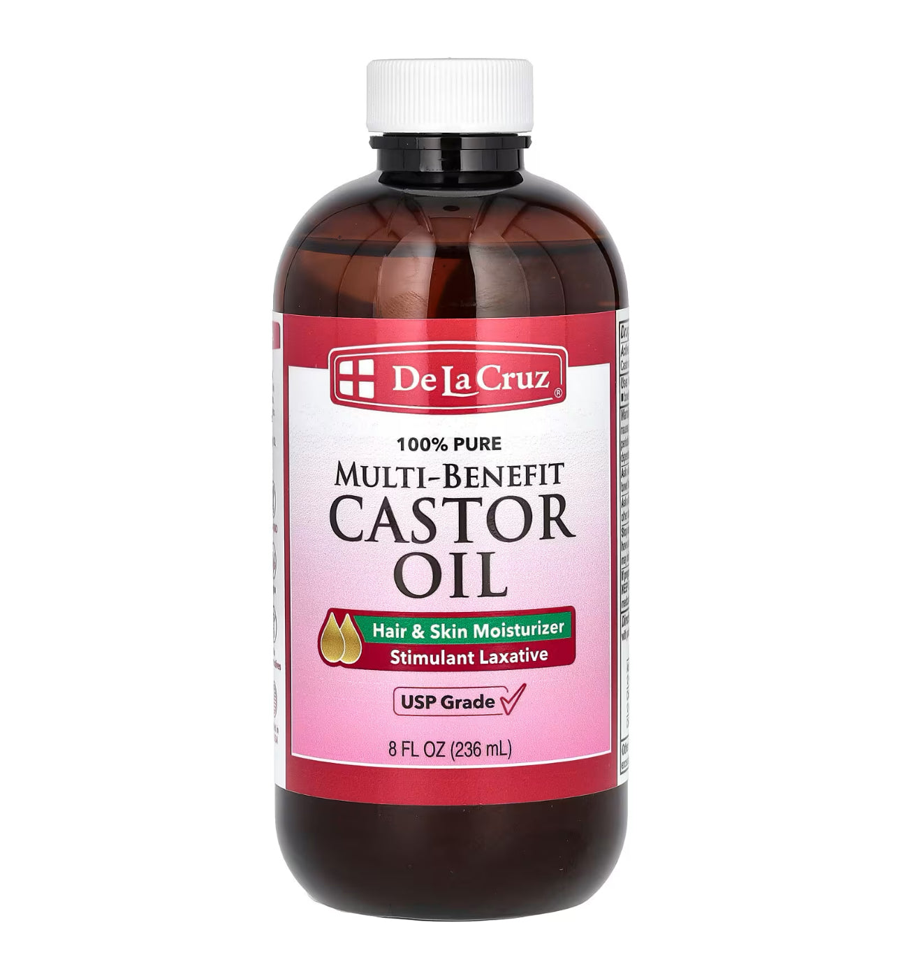 De La Cruz 100% Pure Multi-Benefit Castor Oil | Natural Stimulant Laxative | USP grade, Hexane-free | 8fl.oz/236ml; Exp 05/2026