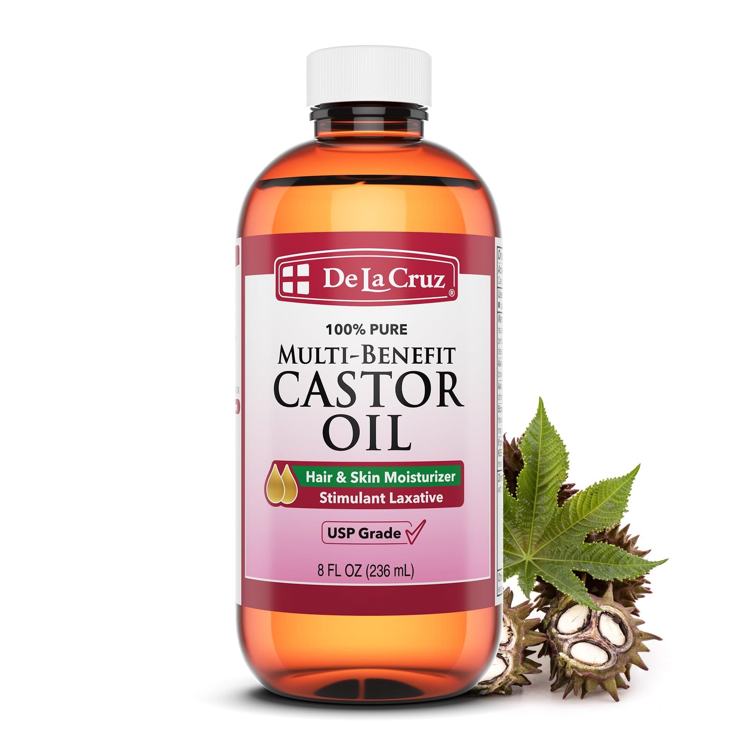 De La Cruz 100% Pure Multi-Benefit Castor Oil | Natural Stimulant Laxative | USP grade, Hexane-free | 8fl.oz/236ml; Exp 05/2026