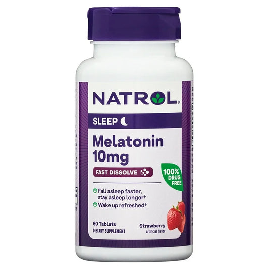 Natrol Fast Dissolve Melatonin 10mg | Nighttime Sleep Aid for Adults | 60-Day Supply | Strawberry Flavor, 60 Tablets; Exp 06/2026