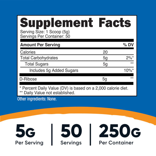 Nutricost's Pure D-Ribose Powder | Supports Energy Production in Your Heart & Muscle | Promotes Muscle Recovery after Exercise | 250g; Exp 03/2028