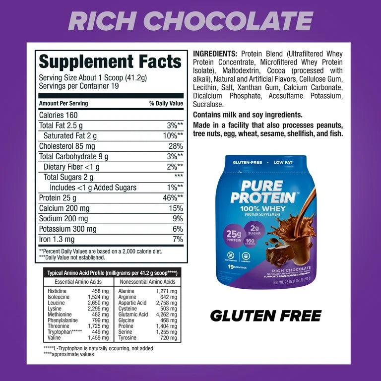 Pure Protein 100% Whey Protein Powder, 25g Protein | Rich Chocolate ~ 1.75 lb/793g; Exp 12/2025