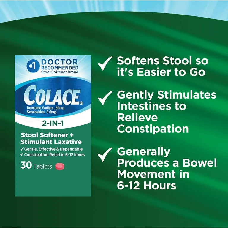 Colace 2-in-1 Stool Softener with Stimulant Laxative | Ducosate Sodium 50mg, Sennosodes 8.6mg | For Adults & Children above 2 Years Old | 30 Tablets; Exp 06/2027