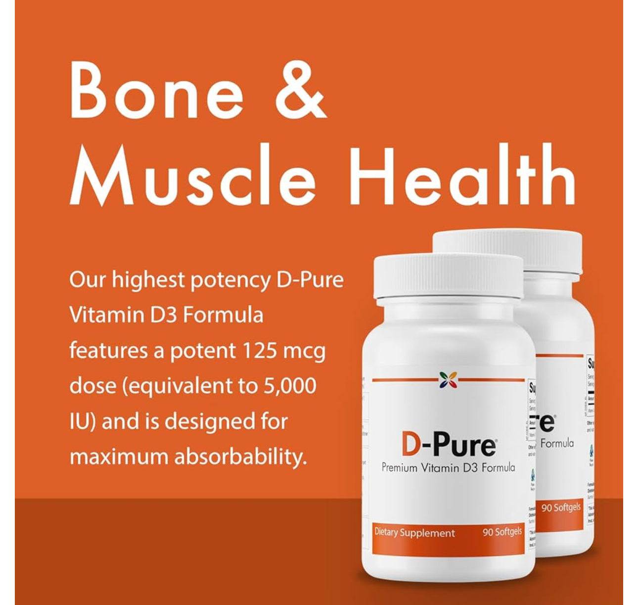 Stop Aging Now D-Pure Vitamin D 3 125mcg (5000 IU) with Safflower Oil | 90 Day Supply | Supports Hormone, Muscle, Teeth, Bone, Heart & Immune | 90 Softgels; Exp 09/2025