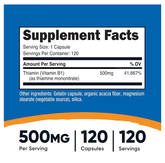 Nutricost Vitamin B1 500mg ~ Thiamine Mononitrate | Protects Your Heart, Brain & Nervous Seystem | Prevents & Treats Vitamin B1 Deficiency | 120 Capsules; Exp 04/2029