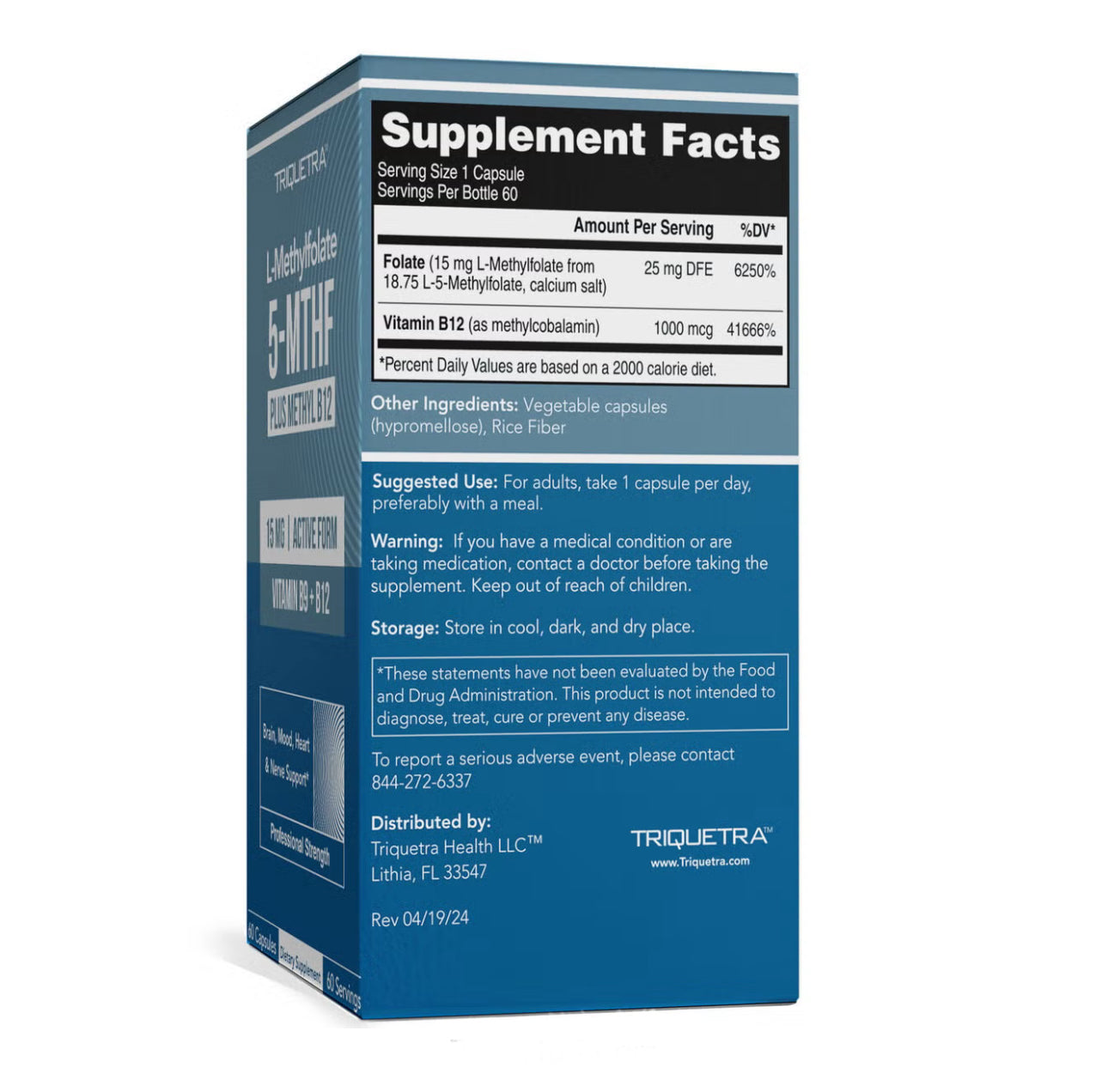 Triquetra L-MethylFolate 15mg Plus Methyl B12 Cofactor | High Potency, Active 5-MTHF Form | 60 Servings | Supports Mood, Methylation & Cognition | Bioactive Forms of Vitamin B9 & B12| 60 Capsules; Exp 07/2026