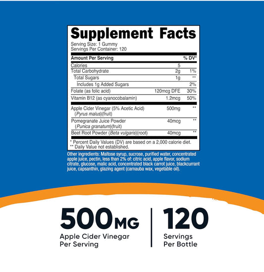 Nutricost Apple Cider Vinegar 500mg with Vitamin B12, Folate, Beet Root Powder & Pomegranate Juice Powder | 120 Servings | Improves Digestion, Gut Health and Controls Appetite | Apple Flavored ACV | 120 Gummies; Exp 05/2028