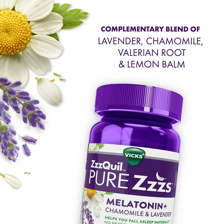 Vicks ZzzQuil Pure Zzzs Melatonin Gummies | Proprietary Botanical Blend of Lavender, Chamomile, Valerian Root & Lemon Balm to Promote Relaxation & Sleep | 100% Drug-Free Sleep Support | 30 Gummies; Exp 07/2026