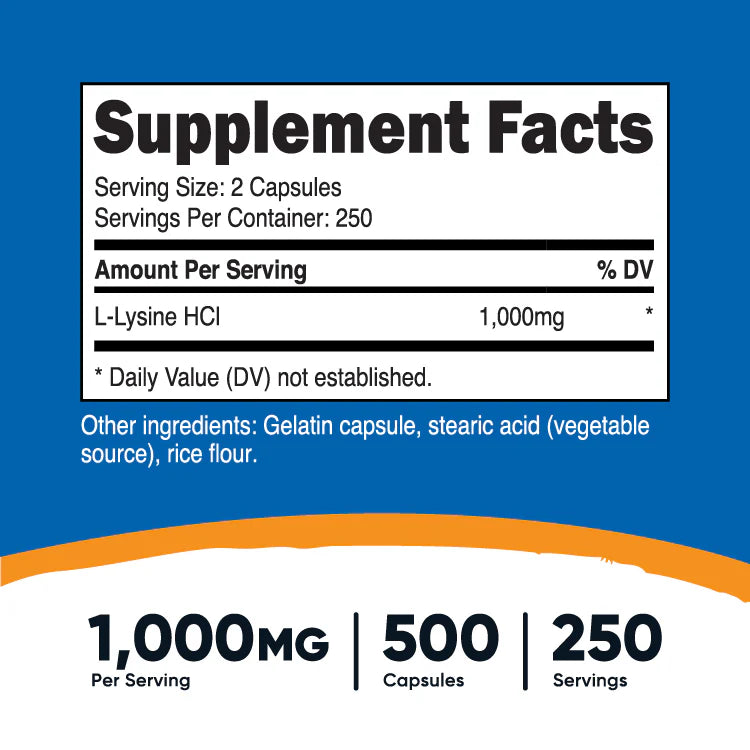 Nutricost L-Lysine 1000mg (250 Servings) or 500mg (500 Servings) | Supports Immune Function | Healthy Skin and Lips | 500 Tablets; Exp 06/2027