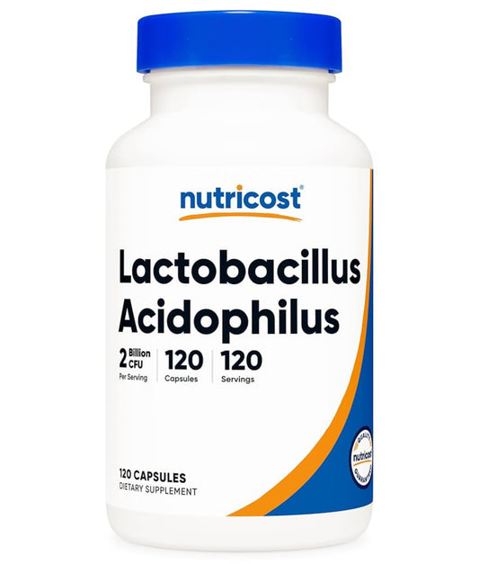 Nutricost Lactobacillus Acidophilus | 2 Billion CFU Per Serving | Maintains a Good Balance of Friendly Bacteria in the GI Tract | Promotes Gut Health | 120 Capsules; Exp 03/2026