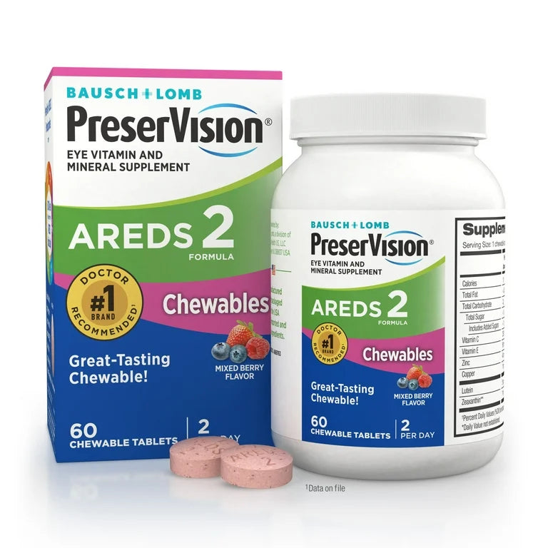 PreserVision AREDS 2 (by Bausch + Lomb - Eye Vitamin & Mineral Supplement | Contains Lutein, Vitamin C, Zeaxanthin, Zinc, Copper & Vitamin E | 60 Chewable Tablets; Exp 08/2025
